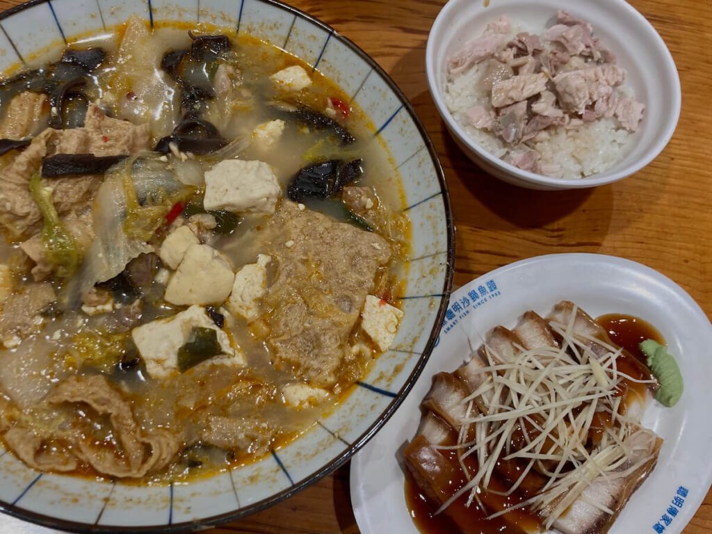 Fish head soup, Turkey rice, and Shark right by the Wenhua night market in Chiayi