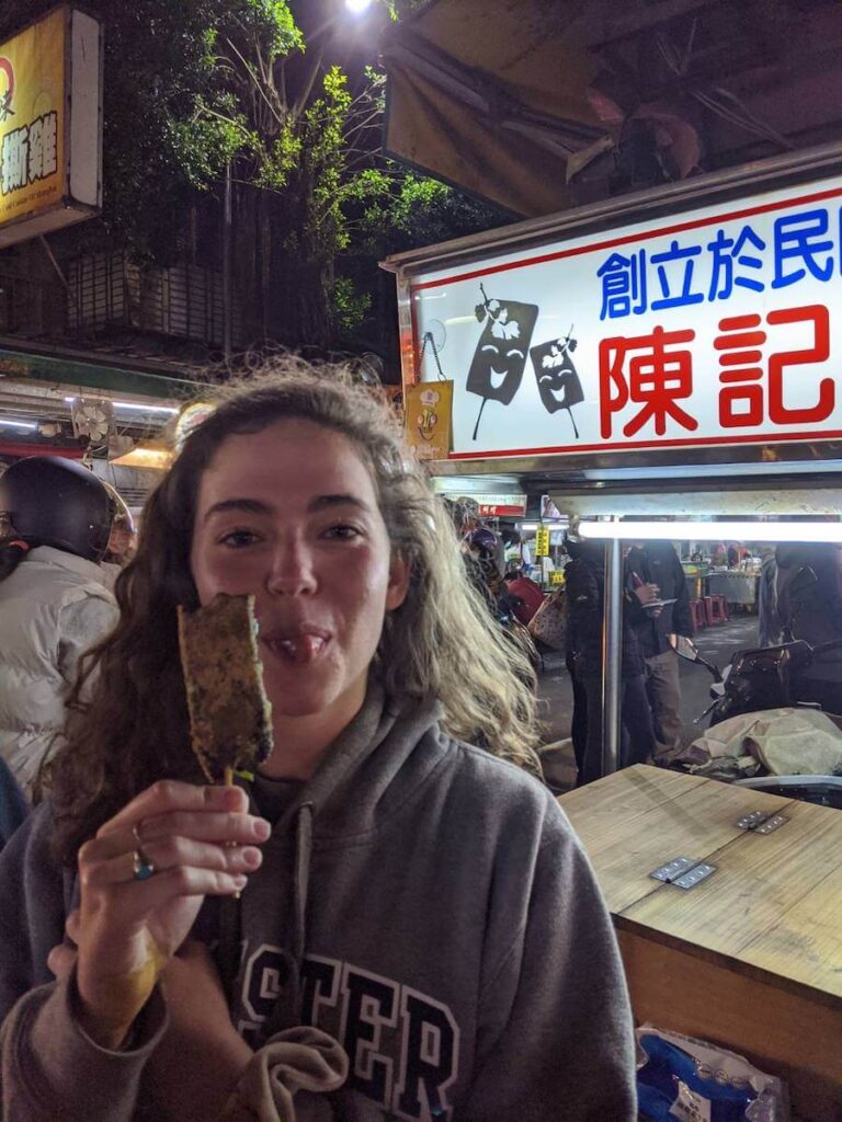 Me eating some yummy pig blood at the Keelung Night Market